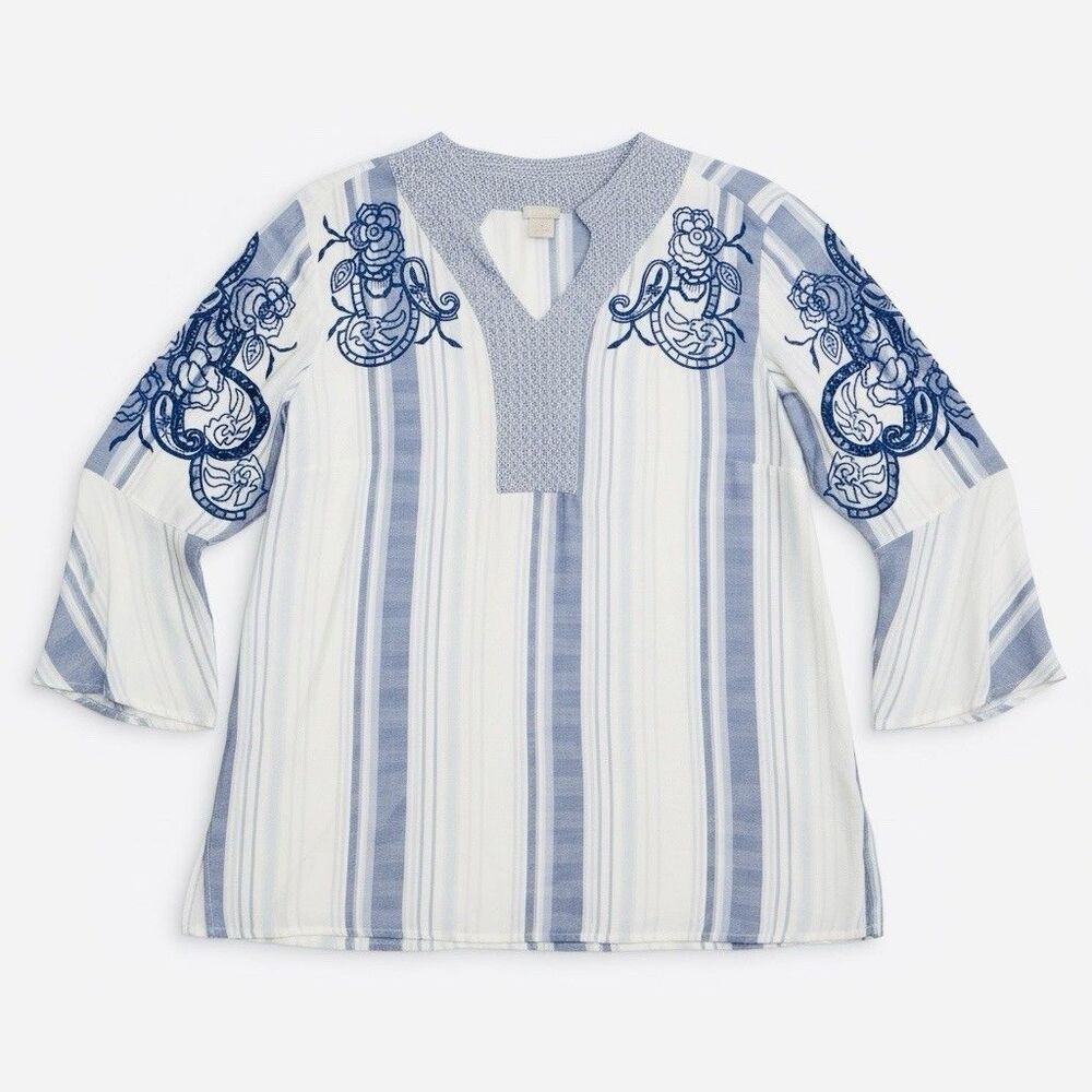 Chicos Womens Blue White Stripe Floral Blouse Sz 3P Pullover  Boho Top